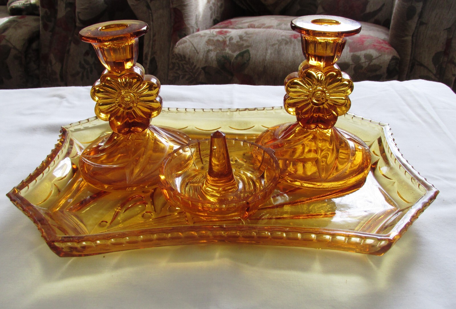 Vintage 4 Piece Amber Glass Dressing Table Set, Floral Pattern