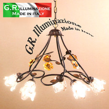 LAMPADARIO IN FERRO BATTUTO 5 LUCI BRUNITO SFUM. NERO SOSPENSIONE FIORI ORO Anna