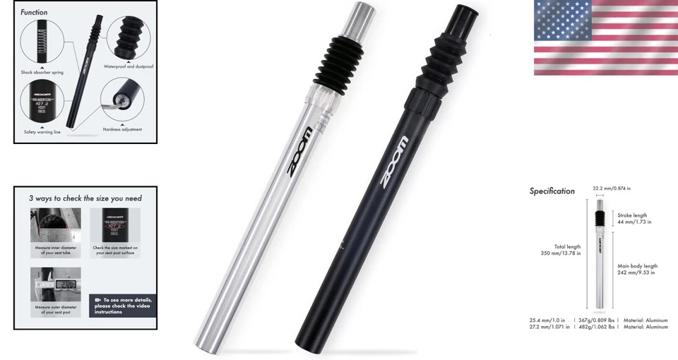 Tija de sillín amortiguador de aluminio 25,4 mm longitud 350 mm rebote ajustable rápido... Foto 2 de 4