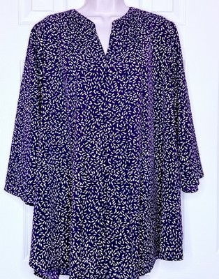 Croft & Barrow Womens Plus Size 3X Purple Henley Tunic Blouse Pleated 3/4 Sleeve