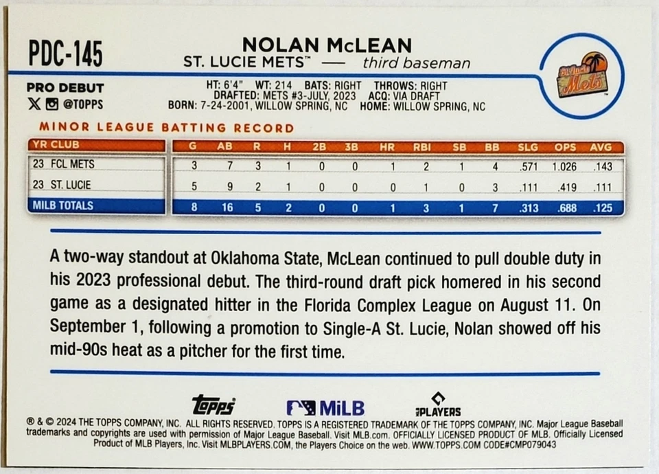 🔥 NOLAN MCLEAN ROOKIE REFRACTOR 2024 TOPPS PRO DEBUT CHROME #PDC-145, METS! - Image 2 of 4