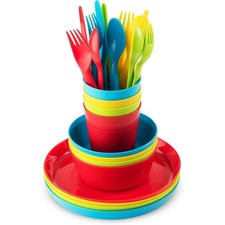 Kids Dinnerware Set 24 Piece Plastic Plates Bowls Cups Flatware Toddler