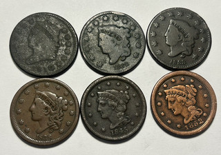 1810 1832 1833 1838 1845 AND 1852 LARGE CENT LOT / 6 COINS