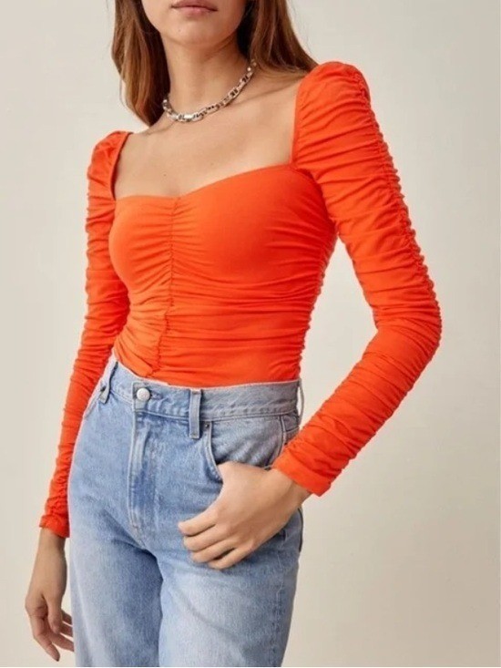 Reformation Esra Long Sleeve Square Neck Ruched Top Large NEW