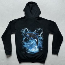 SeaWorld Orca Lightning Hoodie Zip Up Black Graphic Sweatshirt Youth L