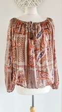 Blue Vanilla Mocha Brown Paisley Print Puff Sleeve Bubble Hem Boho Blouse Size S