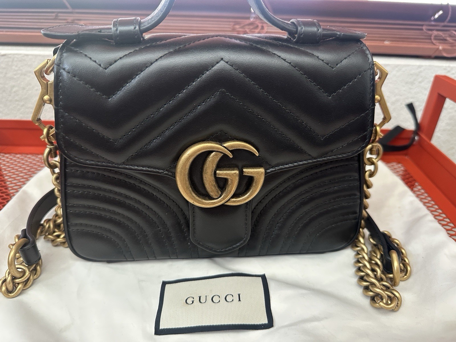 Gucci Black Quilted Top Handle Bag Heart Accent Gold Logo w/ Brand Card & Dust …
