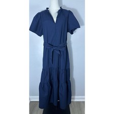 Sugarlips Britt Poplin Tiered Midi Dress Navy Blue Puff Sleeve Belted Pockets XL