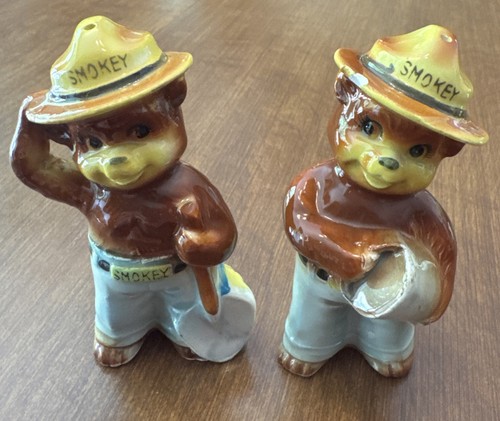 Smokey the Bear Salt & Pepper Shakers Hand-Painted Ceramic Vintage 1970s