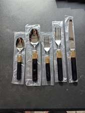 Mikasa Prisma Ebony G4570 Flatware 5 Pc Place Setting Japan Black Gold New Box