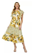 Figueroa and Flower sz M yellow floral boho midi cap flutter sleeve dress C