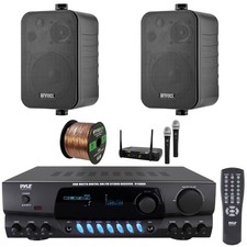 Pyle Stereo Digital Radio Receiver, 2x 4" 30W 3-Way Black Speakers, Mic System