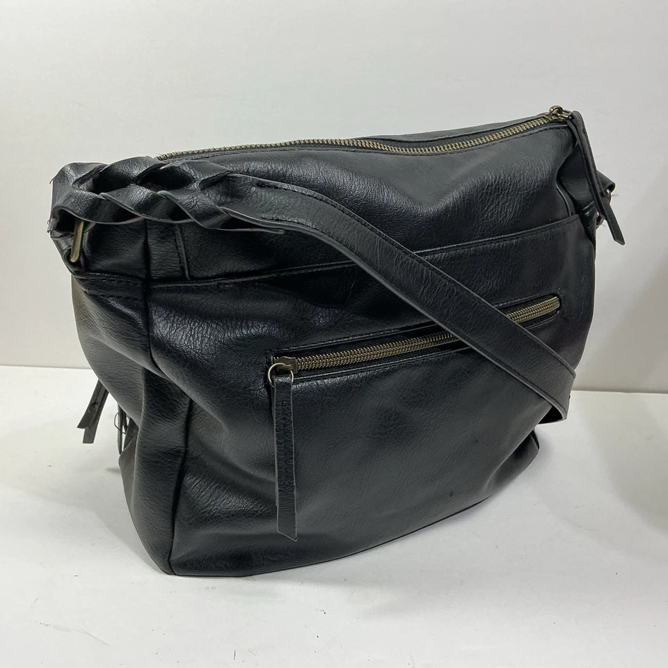 Womens Black Faux Leather Crossbody Med Handbag Purse Hobo Biker Punk - Image 4 of 4