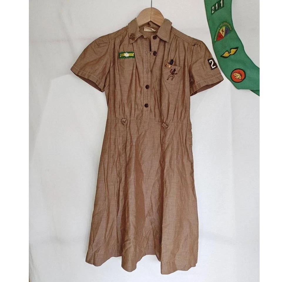 Girl Scouts USA Brownie Uniform Button Up Brown Dress Troop #254 40s 50s Sash - Image 2 of 4