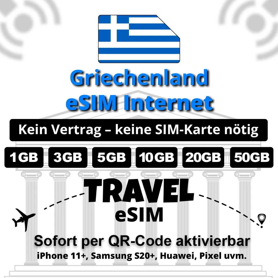 Griechenland Travel eSIM Internet 1GB – 50GB | 5G | Sofort per QR aktivierbar - Bild 1 von 4