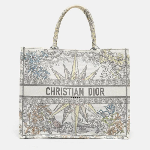 Grand sac fourre tout Dior gris/multicolore en toile brodée étoile porte bonheur