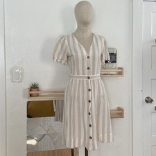 LOFT Midi Linen Dress Size 4 Tan And Ivory Stripes