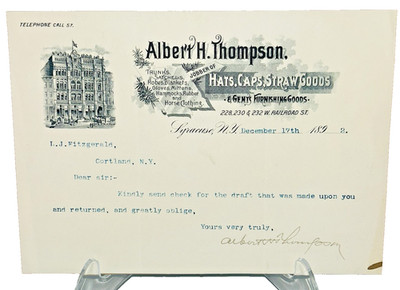 1892 Letterhead Albert H. Thompson Syracuse NY Building Vignette Gents Hat Caps