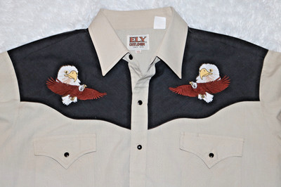 ELY Cattleman black pearl snap Men's button up western shirt embroidred eagle XL