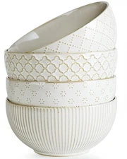 Ceramic Soup Bowls, Cereal Bowl Set of 4 with Assorted Embossment (6.1 inch & 