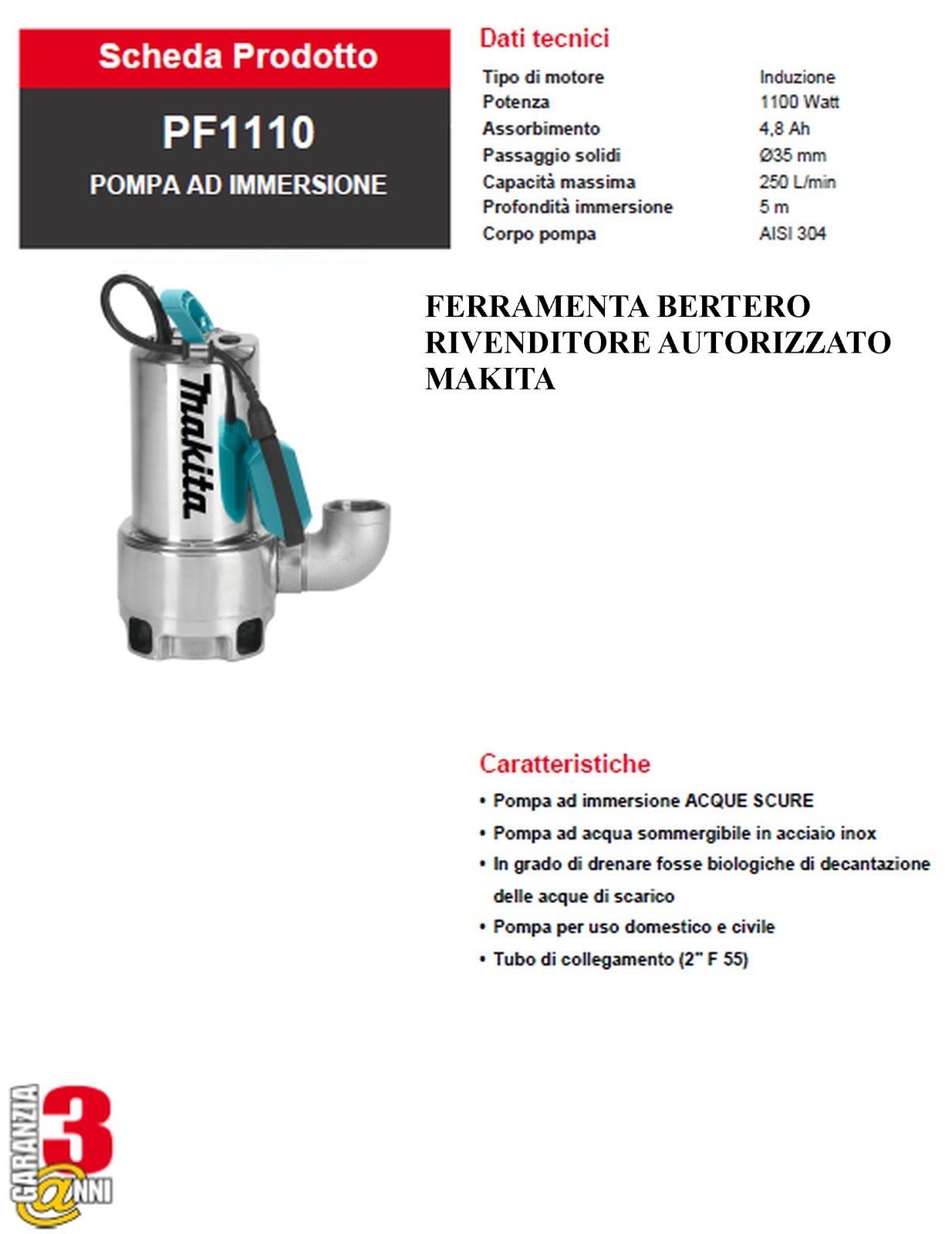 Pompa Makita PF1110 per Acque Sporche: Potenza e Durata Inox