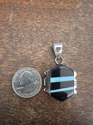 Navajo Pendant Inlay Opal & Black Onyx Pendant Native American Zuni Nice # C