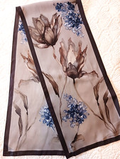 Adrienne Vittadini 100 Silk Long Scarf Dark Moody Floral Tans Blues Tulips Hydr