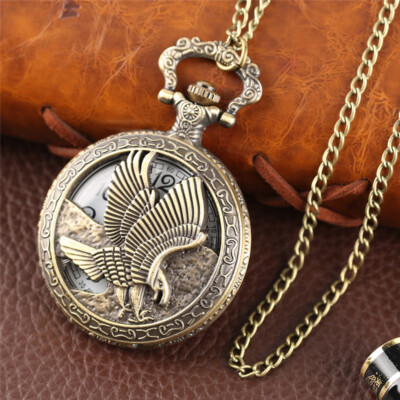 Bronze Eagle Design Case Quartz Movement Pocket Watch with Chain Women Men Gifts