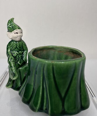 Vintage TREASURE CRAFT California Green PIXIE Elf on Tree Stump Planter Vase
