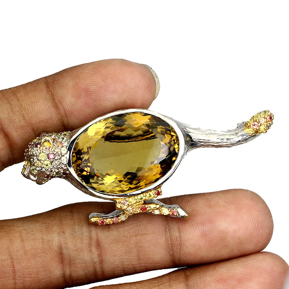 925 Plata de Ley Broche Citrino 45ct Zafiro Hecho a Mano Tigre Gema Joyería - Imagen 2 de 4