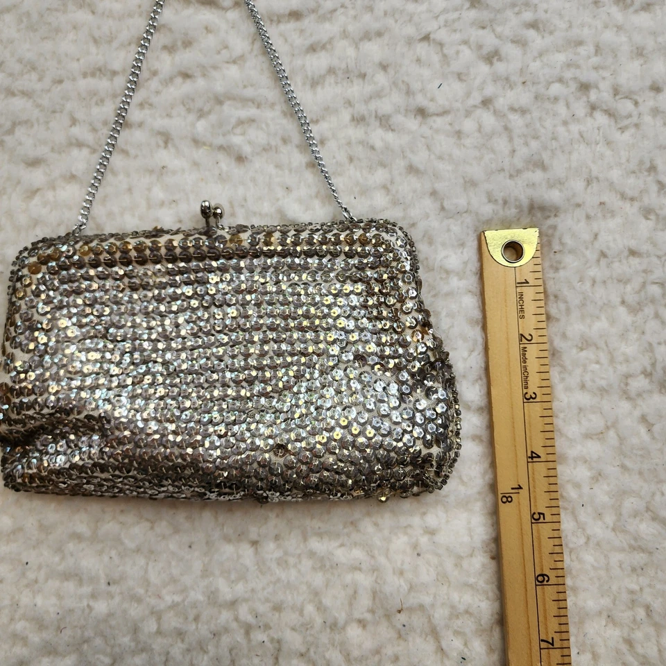 Bolso de mano vintage con lentejuelas plateadas cartera cadena cóctel Japón seda hada caprichoso Foto 3 de 4