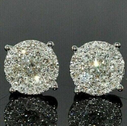 Boucles D'oreilles 2 Carats Diamant Simulé - Plaqué Or Blanc Sur Argent 925, Forme Ronde, Clous à Papillon