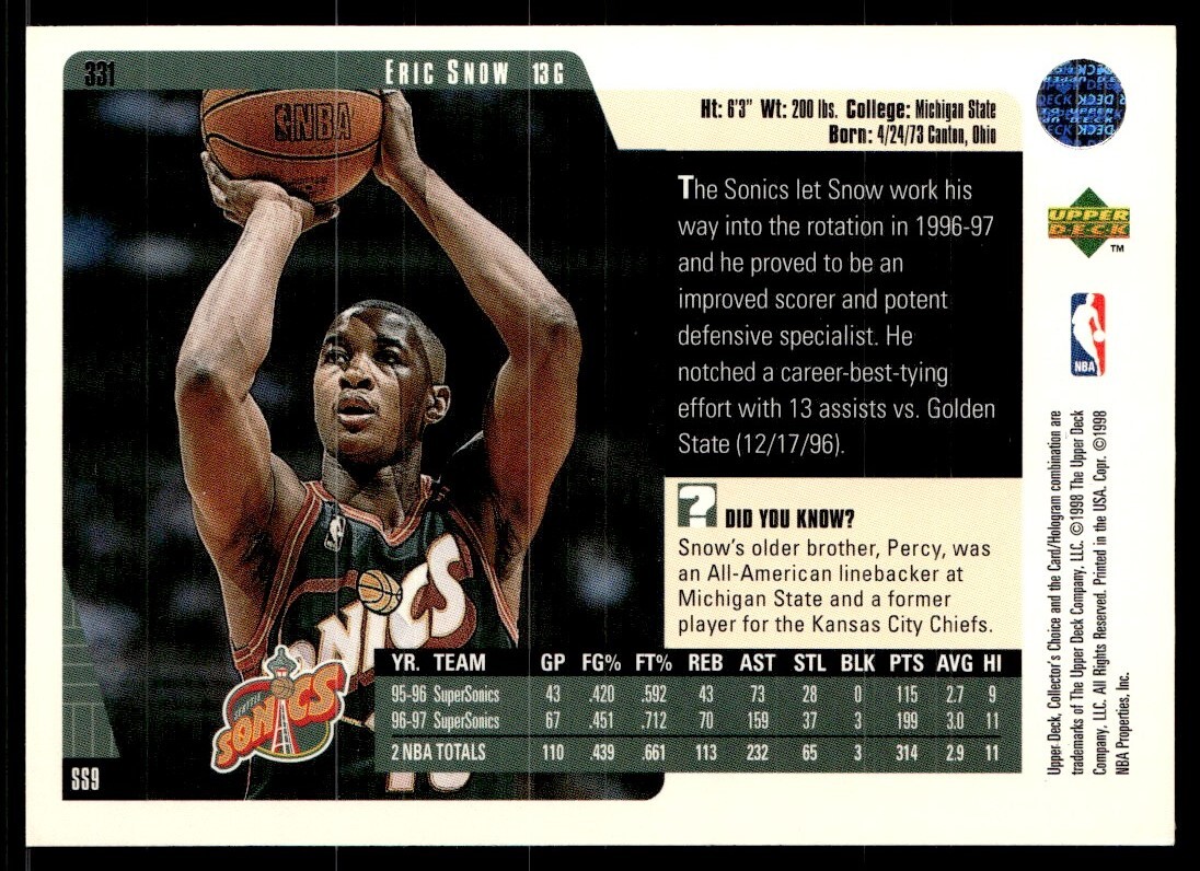 1997-98 Collector's Choice Eric Snow Seattle SuperSonics #331 | eBay