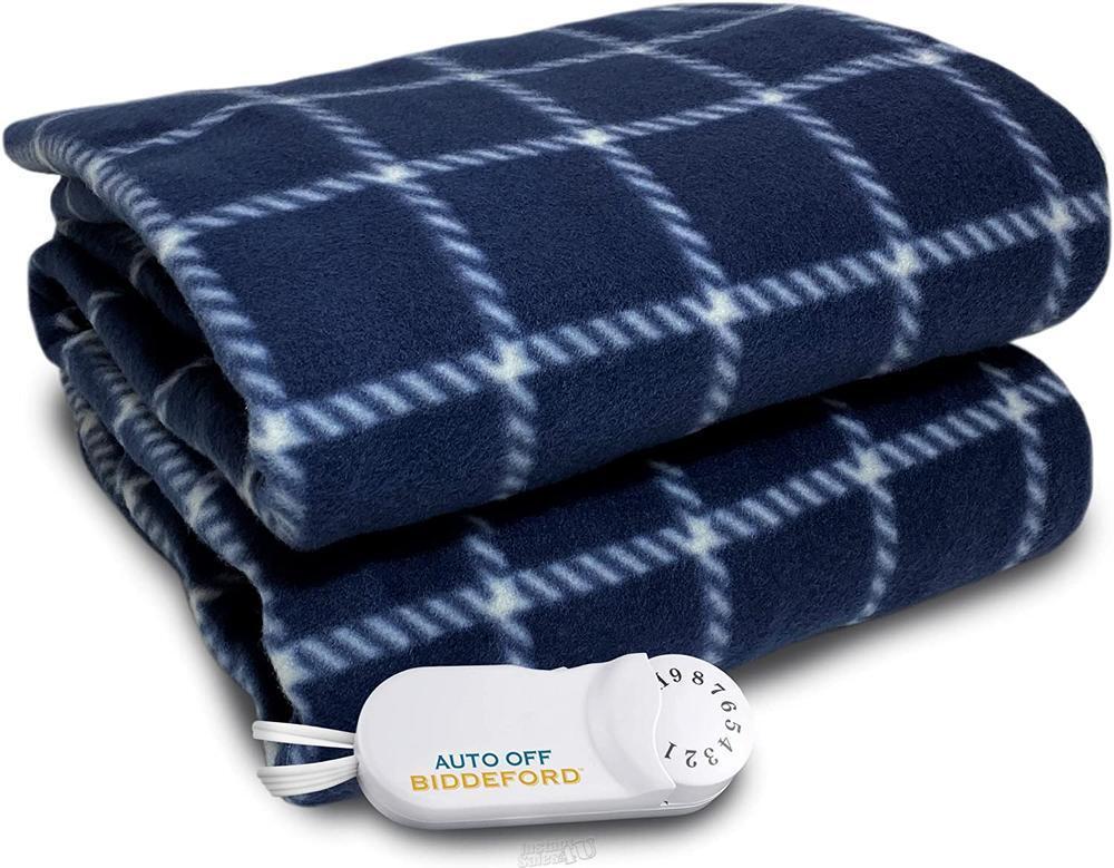 Biddeford Comfort Knit Fleece Electric Heated Warming Throw Blanket Navy  Plaid
