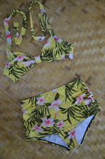 Women Vintage Bikini Set gebl mt high waist hibiscus handmade Hawaii Aloha Tiki