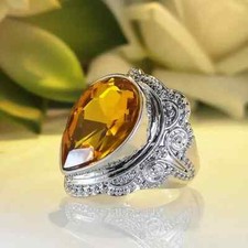 Unique 925 Sterling Silver Yellow Citrine Topaz Wedding Engagement Ring Size 8.5