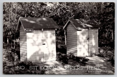 RPPC Outhouses Brother and Sister No Sit Down Strikers Here Postcard G21