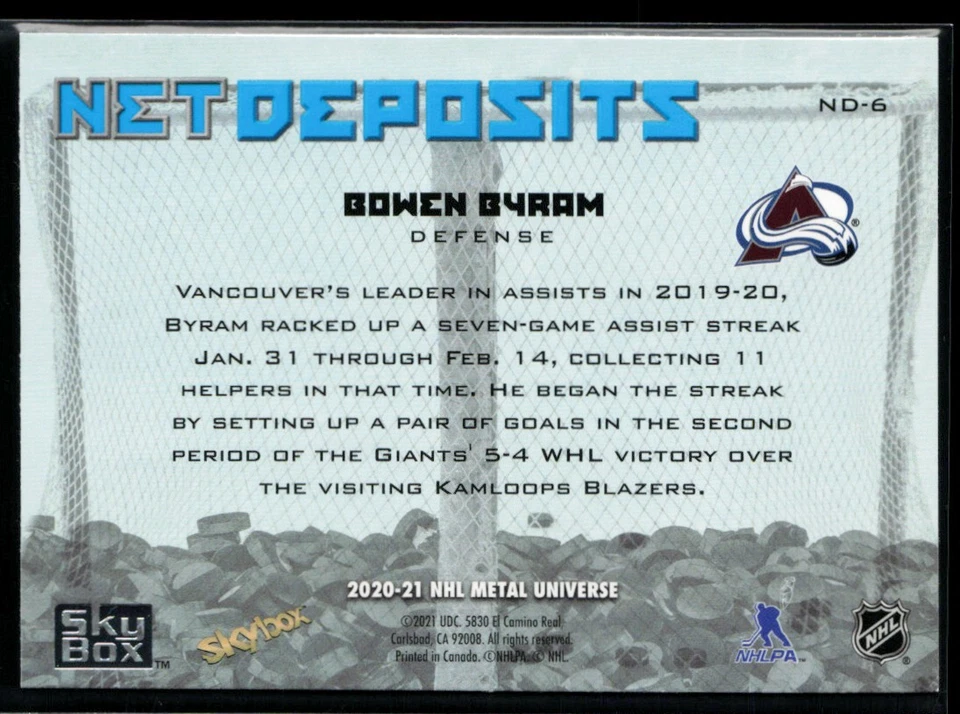 2020-21 Skybox Metal Universe Net Deposits * Bowen Byram #ND-6 - Image 2 of 2