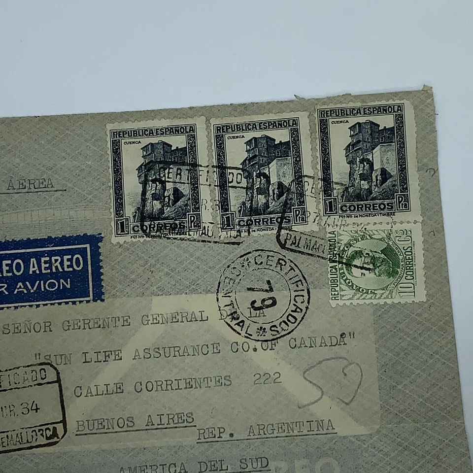 1934 SPAIN CERTIFIED COVER SENT TO BUENOS AIRES, CERTIFICADO CENTRAL 79 POSTMARK - Image 2 of 3