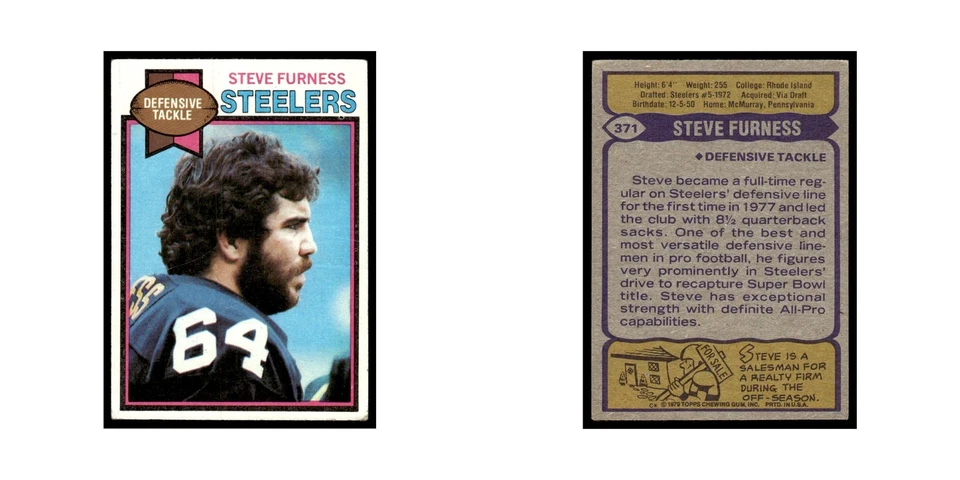 1979 Topps Football Card Steve Furness Steelers #371 - Image 3 of 3