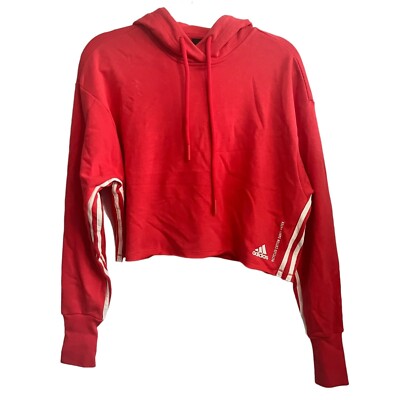 NEW ADIDAS PINK CROP HOODIE WOMENS XS SWEATSHIRT PULLOVER WHITE SIDE STRIPE  NWT