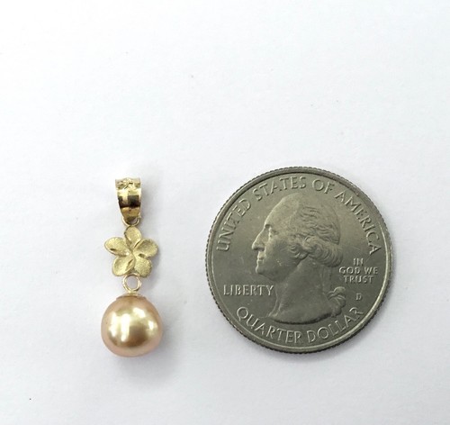 Small 14K Gold Hawaiian Plumeria Flower Genuine Golden South Sea Pearl Pendants - Picture 8 of 8