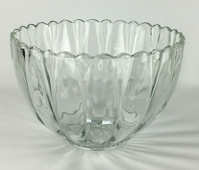 Vintage Heavy Clear Glass Ribbed Punch Bowl & Plastic Ladle eBay