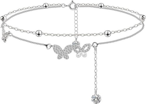 Joli motif papillon avec pavé 0,15 ct saphir double chaîne cheville unique - Photo 1/7