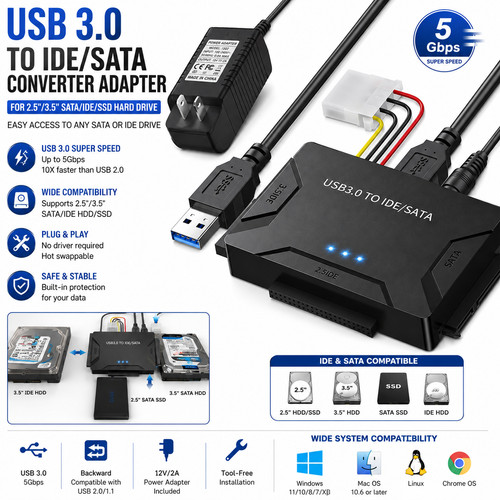 USB 3.0 To IDE/SATA Converter Adapter Kit For 2.5"/3.5" SATA/IDE/SSD Hard Drive