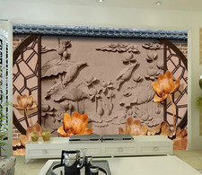 3D Relief Wood Carving Lotus Self-adhesive RemoveableWallpaper Wall Mural 141