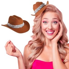 6 Inch Cowboy Hat Hair Clip with Rhinestones Cowgirl Mini Small Hat Coffee