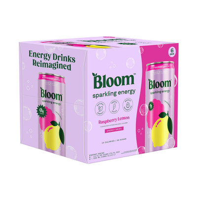 Bloom Nutrition Sparkling Energy Drink, Raspberry Lemon, 12 fl oz Cans, 6 Pack.
