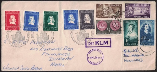 SOUTH AFRICA & NETHERLANDS, VAN RIEBEECK, DUAL FIRST DAY COVER, FLIGHT COVER KLM
