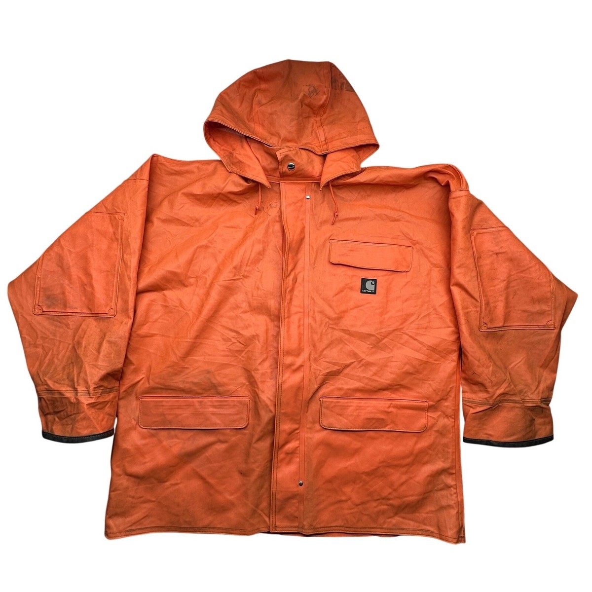 Carhartt C64 PVC Rain Coat Detachable Hood Orange Jacket Button Mens Large